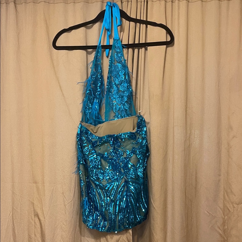 Blue XS Sequin LINED Halter Mini Dress Turquoise Back Zip Feathers Worn 1X
